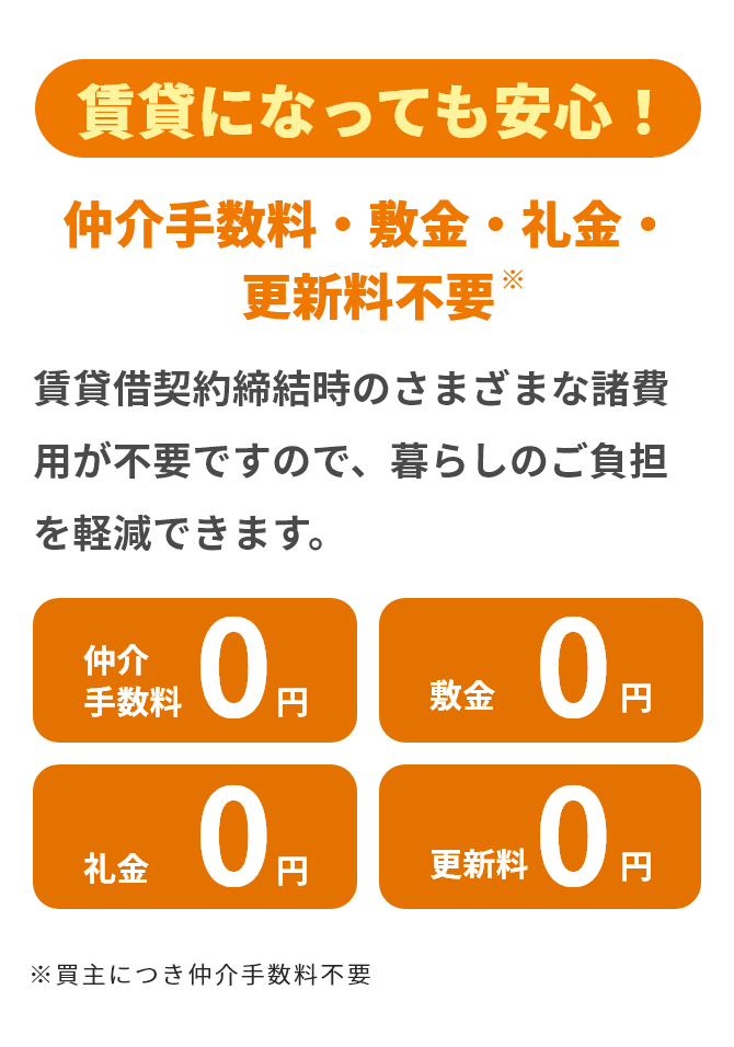 賃貸になっても安心!仲介手数料・敷金・礼金・更新料不要