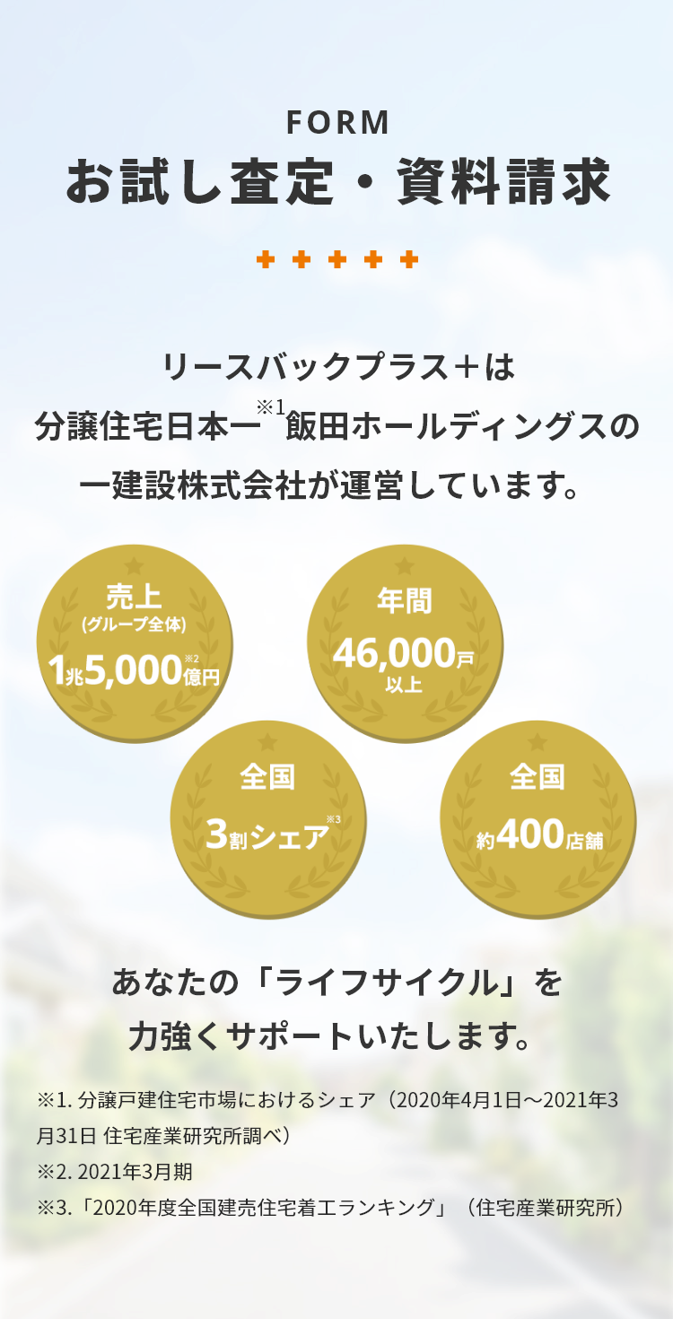 お試し査定　リースバックプラス＋は分譲住宅日本一飯田ホールディングスの一建設株式会社が運営しています。