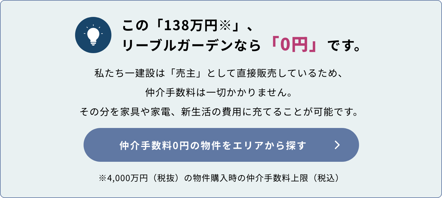 この「138万円※」リーブルガーデンなら「0円」です。私たち一建設は「売主」として直接販売しているため、仲介手数料は一切かかりません。その分を家具や家電、新生活の費用に充てることが可能です。※4,000万円（税抜）の物件購入時の仲介手数料上限（税込）　仲介手数料0円の物件をエリアから探す